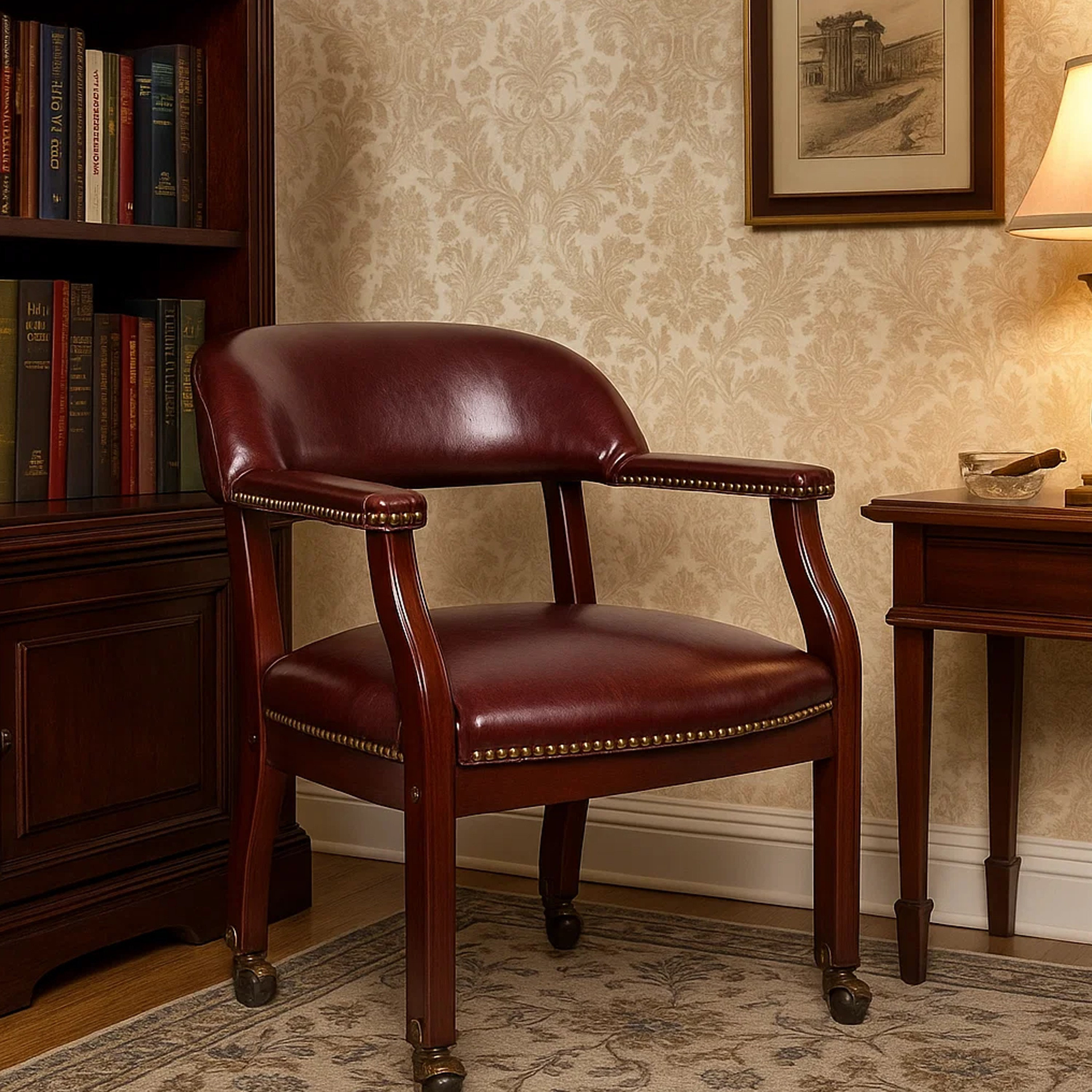 Benjara Anna Captain Chair, Nailhead Trim, Hooded Wheel, Burgundy